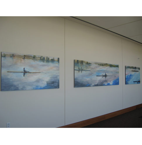 Oil paintings on metal by California artist Kay Bradner create a soothing and serene feeling in this corridor.